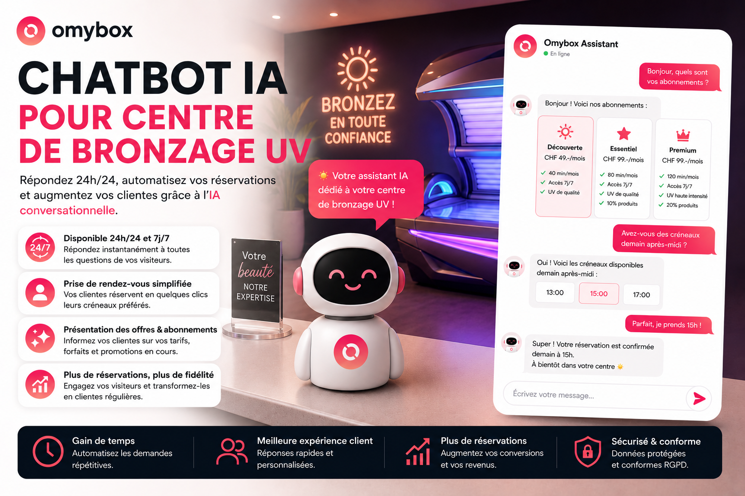 Chatbot IA pour centre de bronzage UV : automatisez vos rendez-vous et augmentez vos réservations